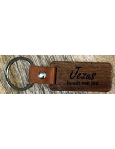 Sleutelhanger hout/leer Jezus houdt van