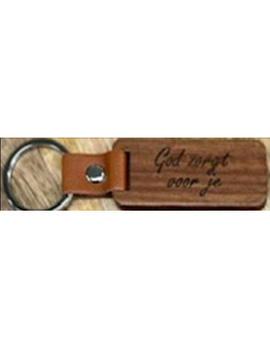 Sleutelhanger hout/leer God zorgt voor j