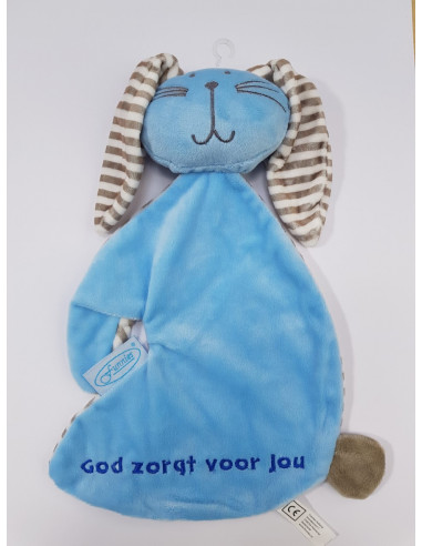 Konijn tutdoek God zorgt blauw